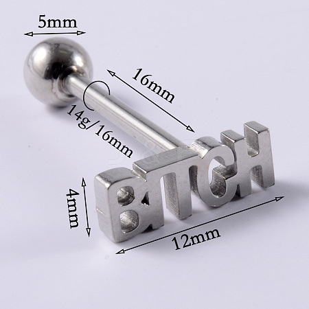 Word BITCH 304 Stainless Steel Straight Barbell 15 Gauge Piercing Tongue Rings for Women Men WG8A634-06-1