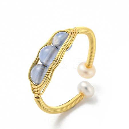 Natural Pearl & Aquamarine Beaded Open Cuff Ring RJEW-H220-40G-1