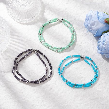 3Pcs 3 Colors Natural Freshwater Shell Beads Double Layered Stretch Bracelets for Women BJEW-JB12124-1