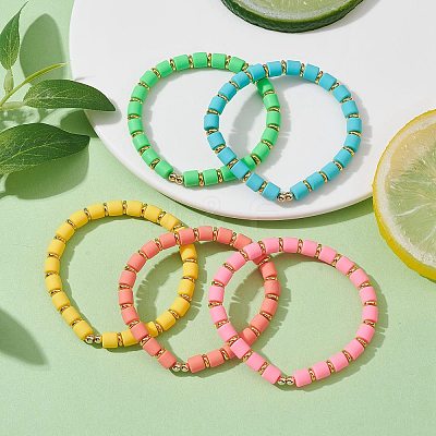 Polymer Clay Column Beaded Stretch Bracelets BJEW-JB09756-1
