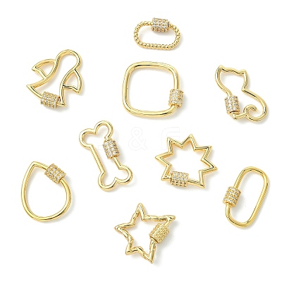 9Pcs 9 Styles Brass Micro Pave Clear Cubic Zirconia Screw Carabiner Lock Charms KK-CJ0004-25-1