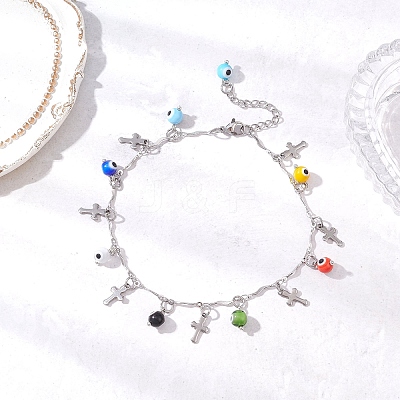 3Pcs 3 Colors Handmade Evil Eye Lampwork & 304 Stainless Steel Cross Tassel Bar Link Chain Anklets for Women AJEW-AN00741-1