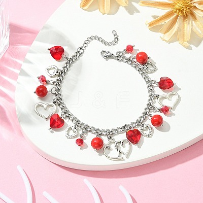 Tibetan Style Alloy & Glass Heart Charm Bracelet with 304 Stainless Steel Curb Chains for Valentine's Day BJEW-TA00311-1