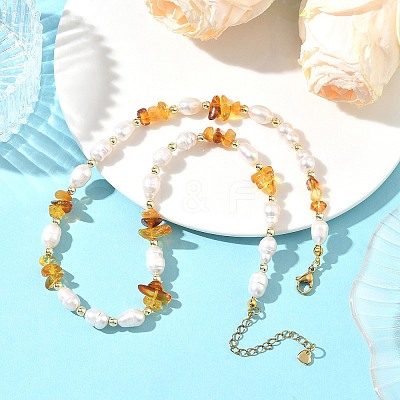 Natural Amber Chip & Rice Cultured Freshwater Pearl Beaded Necklaces for Women NJEW-JN06665-02-1