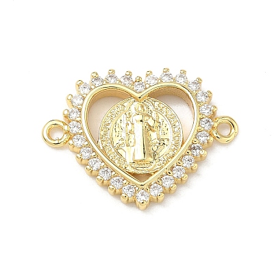 Religion Brass Micro Pave Clear Cubic Zirconia Heart with Saint Benedict Medal Links Connector Charms KK-P350-05G-1