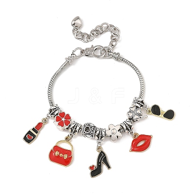 Makeup Theme Alloy Enamel Lipstick Handbag Shoe Charm Brass European Bracelets for Women BJEW-JB14237-01-1