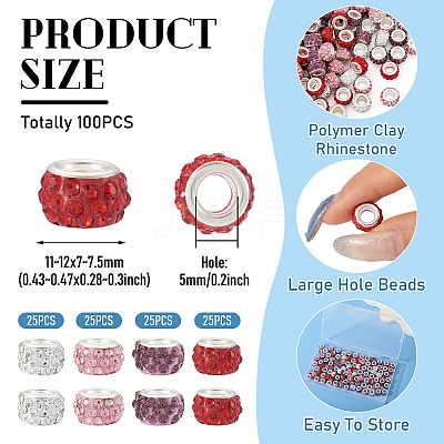 100Pcs 4 Colors Polymer Clay Rhinestone European Large Hole Beads with Silver Color Plated Brass Cores FPDL-TA0001-02-1