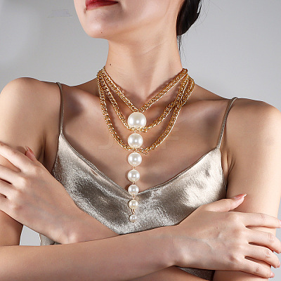 White Plastic Imitation Pearl Beads Alloy Layered Chain Lassel Bib Necklaces for Women WG9451F-01-1