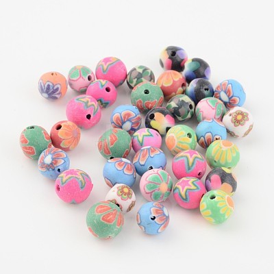 Handmade Flower Pattern Polymer Clay Round Beads X-CLAY-Q172-M-1