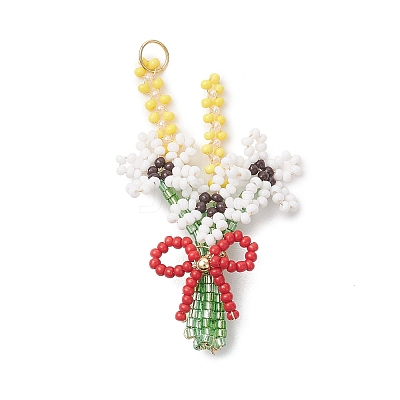 3Pcs 3D Glass Seed Beaded Bouquet with Bowknot Pendants PALLOY-MZ01153-1