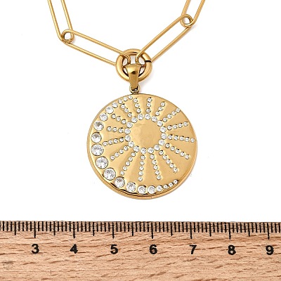 304 Stainless Steel Crystal Rhinestone Sun Pendant Paperclip Chain Necklaces for Women NJEW-G199-03G-1