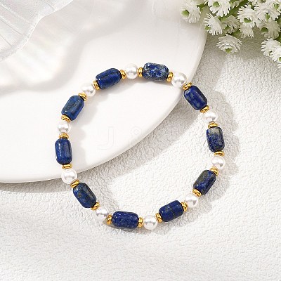 Natural Lapis Lazuli & Shell Pearl & Brass Beads Stretch Bracelets for Women BJEW-JB13865-02-1
