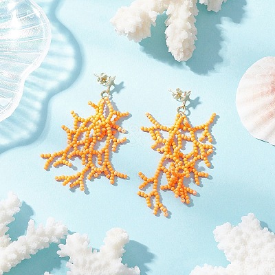 Star with Coral Handmade Glass Seed Beads Tassel Stud Earrings EJEW-MZ00472-02-1