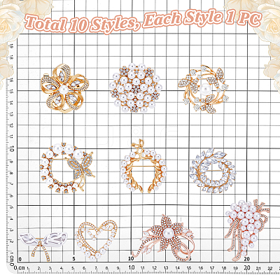 10Pcs 10 Styles Alloy Rhinestone Brooches JEWB-PH0001-39-1