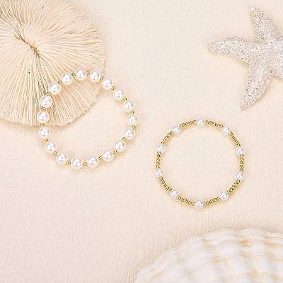 2Pcs 2 Styles ABS Plastic Imitation Pearl & Shell Pearl & Brass Beads Bracelets BJEW-SW01606-1