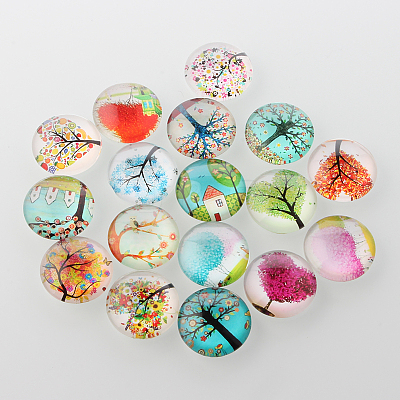 Tree of Life Printed Half Round/Dome Glass Cabochons GGLA-A002-18mm-GG-1