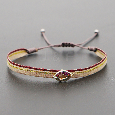 Vintage Bohemian Cotton Cord Braided Bracelets with Brass Micro Pave Hot Pink Cubic Zirconia Lip Beads HL6263-21-1