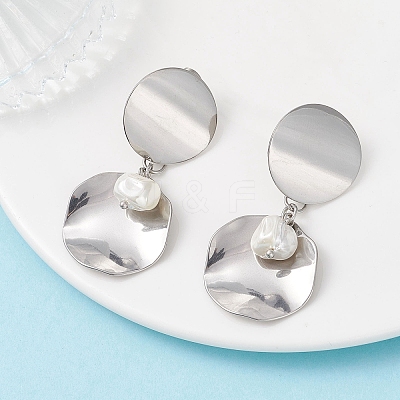 201 Stainless Steel Shell Pearl Flat Round Dangle Stud Earrings EJEW-JE06751-02-1