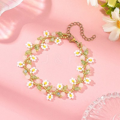 Flower Seed Bead Beaded Bracelet Sets with Natural Rose Quartz for Women BJEW-MZ00350-01-1