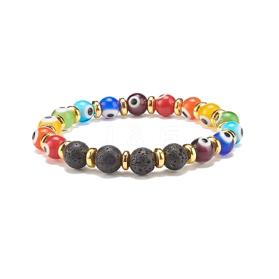 Round Evil Eye Lampwork & Natural Lava Rock Beaded Stretch Bracelet BJEW-JB07870-1