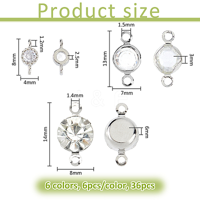 36Pcs 6 Styles Brass Pave Clear Cubic Zirconia Links KK-FH0008-12-1
