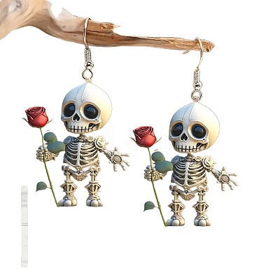 Skeletonl with Rose Acrylic Dangle Earrings FS-WG6350E-01-1