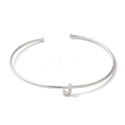 Rack Plating Brass Micro Pave Clear Cubic Zirconia Letter Open Cuff Bangles BJEW-A018-01P-J-1
