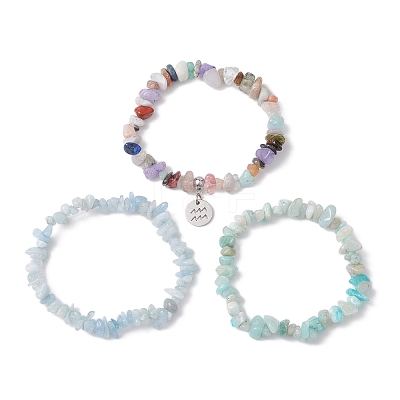 3Pcs 3 Styles Natural Aquamarine & Flower Amazonite Chips Stretch Bracelets Sets BJEW-JB11076-01-1
