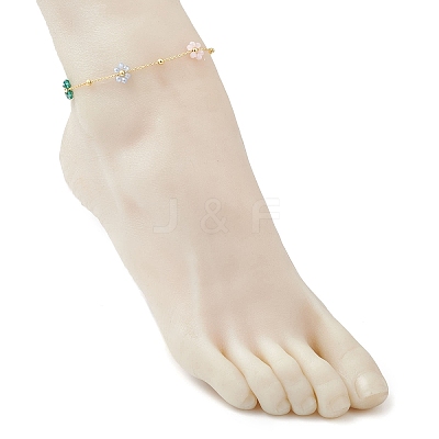 Brass & Glass Beaded Flower Link Chains Anklets AJEW-AN00730-1