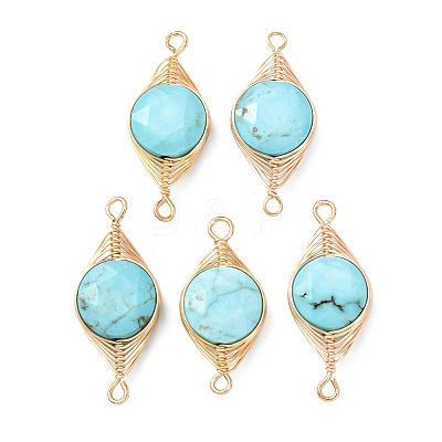 Natural Turquoise Faceted Hexagonal Cut Flat Round Links Connector Charms with Copper Herringbone Wire-Wrapped KK-Z152-07G-01-1