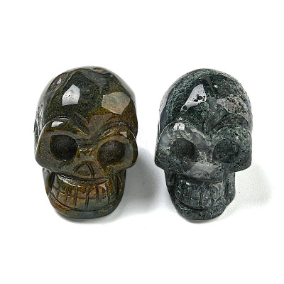 Halloween Natural Moss Agate Skull Figurines DJEW-L021-01A-1