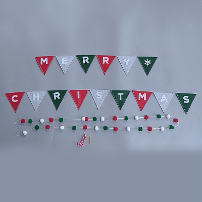 Merry Christmas Cloth Triangle Flag & Pompom Ball Banners DIY-WH0740-24-1