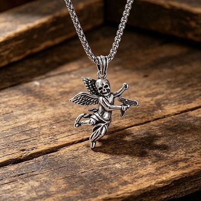 Halloween Alloy Skull Angel Pendant Necklaces WGD7B56-01-1
