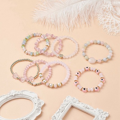 8Pcs 8 Style Mixed Gemstone & Shell Pearl & Cat Eye Stretch Bracelets Set BJEW-JB08782-1