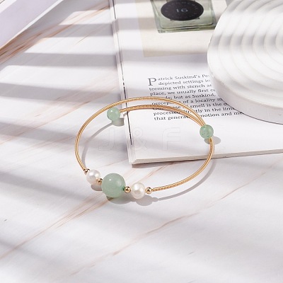 Natural Green Aventurine & Pearl Round Beaded Bangle BJEW-JB08464-04-1