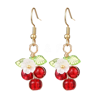 Flower with Round Acrylic & Glass Bead Dangle Earrings EJEW-JE06634-01-1