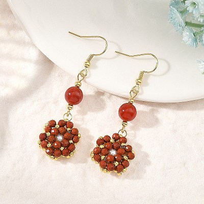 Natural Red Jasper & Carnelian and Shell Pearl Braided Dangle Earrings EJEW-MZ00789-02-1
