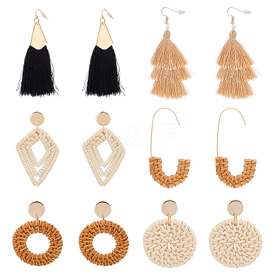 6 Pairs 6 Style Donut & Kite & Flat Round & Arch Rattan Dangle Stud Earrings EJEW-AN0001-28-1