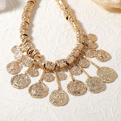 Zinc Alloy Textured Coin Tassel Bib Necklaces for Women FS-WG89C47-01-1