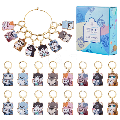 16Pcs 8 Style Cat Shape Alloy Enamel Pendant Locking Stitch Markers HJEW-SC00034-1
