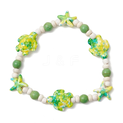 Starfish & Turtle Synthetic Turquoise Dyed Beads Stretch Bracelets for Women BJEW-JB11920-02-1