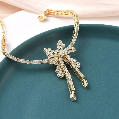 Bowknot Brass Micro Pave Cubic Zirconia Link Chain Bracelets for Women BJEW-A279-01G-1