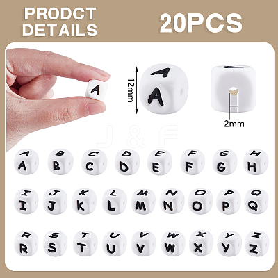 20Pcs White Cube Letter Silicone Beads 12x12x12mm Square Dice Alphabet Beads with 2mm Hole Spacer Loose Letter Beads for Bracelet Necklace Jewelry Making JX432E-1