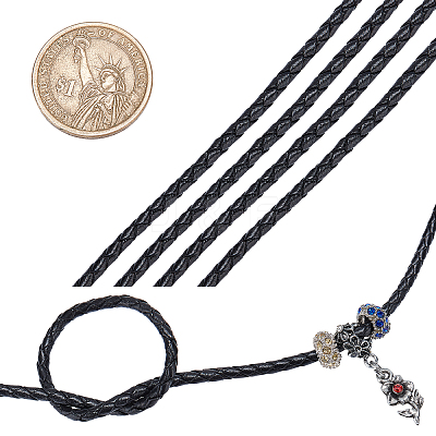 Diameter 3mm Black Round Folded Bolo Genuine Braided Leather Cords for Necklace Bracelet Jewelry Making WL-PH0002-01A-1