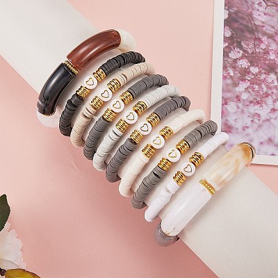 10Pcs 10 Style Handmade Polymer Clay Heishi Beaded Stretch Bracelets Set with Heart BJEW-SW00036-05-1