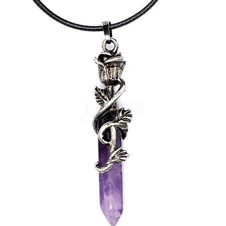 Metal Rose Flower Wrapped Pointed Natural Amethyst Bullet Pendant Necklaces PW-WG450FA-05-1