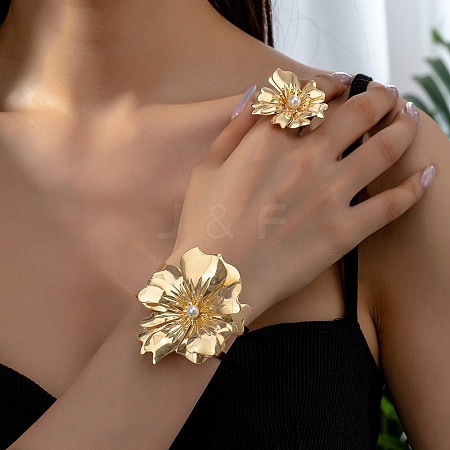 Flower Alloy Adjustable Rings & Cuff Bangle Set for Women SJEW-G082-01G-1