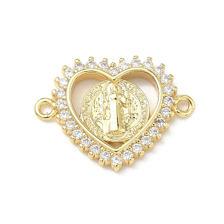 Religion Brass Micro Pave Clear Cubic Zirconia Heart with Saint Benedict Medal Links Connector Charms KK-P350-05G-1