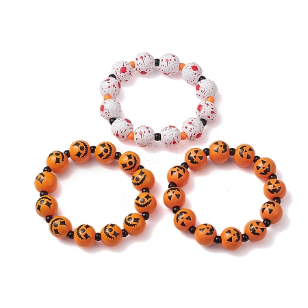 3Pcs 3 Styles Halloween Wood & Acrylic Round Beaded Stretch Bracelet Sets BJEW-JB10834-1