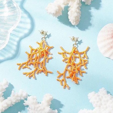Star with Coral Handmade Glass Seed Beads Tassel Stud Earrings EJEW-MZ00472-02-1